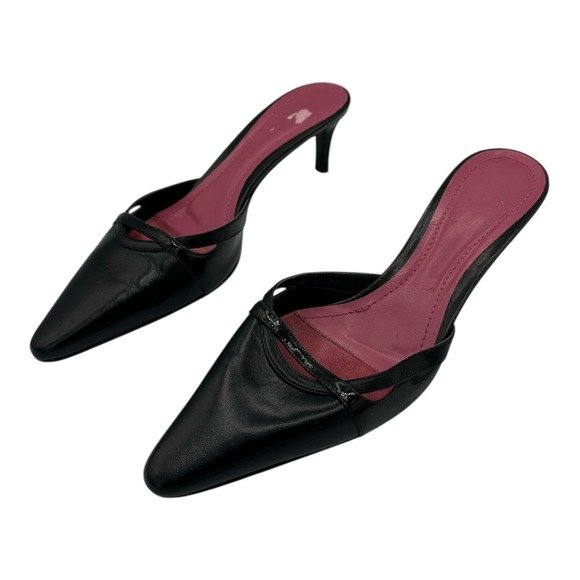Ann Taylor Black Leather Pointed Toe Kitten Heel Mules Women's Size 7 M - Picture 3 of 14